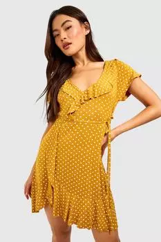 Чайное платье с рубками передней части в гороток Boohoo, горчичный