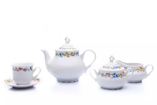 Чайный сервиз, чешский фарфор, Констанц, цветочный пояс, 15 д., Тун 1794 г Thun 1794