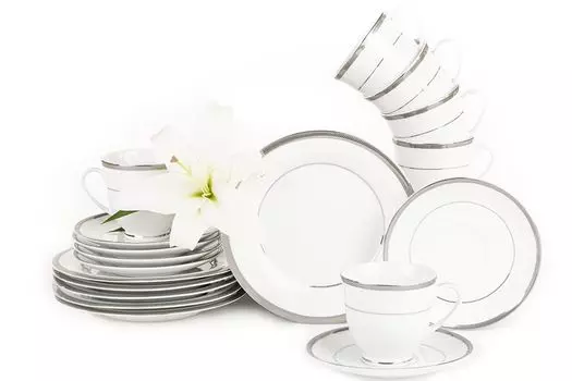 Чайный сервиз Konsimo на 6 персон (12 предметов) "GEOS PLATIN", белый, фарфор, классический, 15,5 см/220 мл/21 см