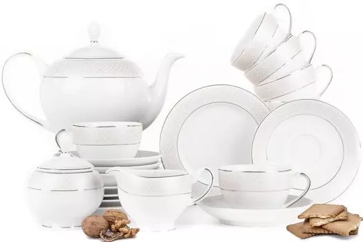 Чайный сервиз Konsimo на 6 персон (15 шт.) "SCANIA", белый, фарфор, элегантный, 200 мл/15 см/21 см/1,5 л/200 мл/200 мл
