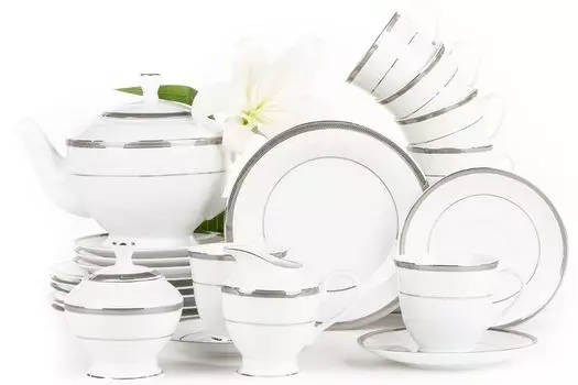 Чайный сервиз Konsimo на 6 персон (15 шт.) "GEOS PLATIN", белый, фарфор, классический, 15,5 см/220 мл/21 см/1,3 л/220 мл/220 мл