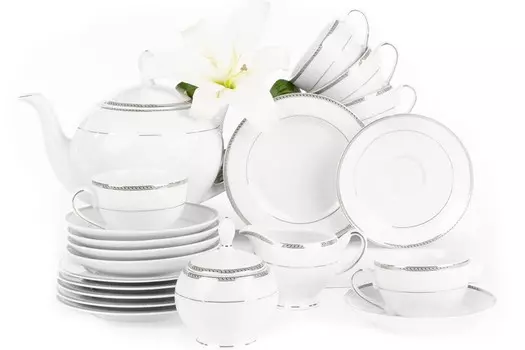 Чайный сервиз Konsimo на 6 персон (15 шт.) "NEW HOLLIS PLATIN", белый, фарфор, классический, 200 мл/15 см/21 см/1,5л/200 мл/200 мл