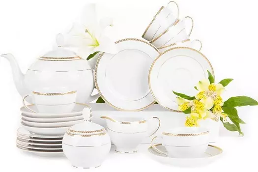Чайный сервиз Konsimo на 6 персон (15 шт.) "NEW HOLLIS GOLD", белый, фарфор, классический, 200 мл/15 см/21 см/1,5л/200 мл/200 мл