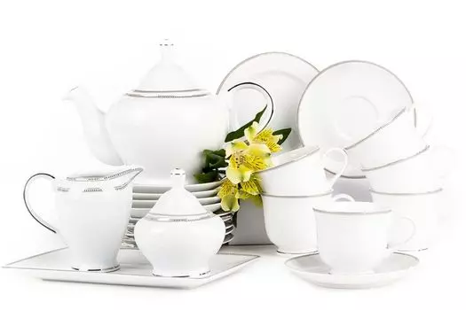 Чайный сервиз Konsimo на 6 персон (16 предметов) "DIAMENT PLATIN", белый, фарфор, элегантный, 250 мл/16 см/20,5 см/27х16 см/300 мл/1 л/300 мл