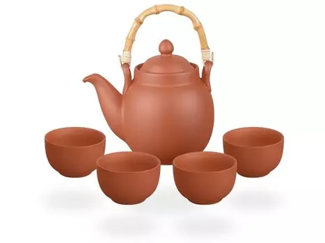 Чайный сервиз Тэнно/чайный сервиз/заварочный чайник глиняный с ситечком 1,1 л и 4 чашками по 130 мл, ручная работа tea & home e.U., бежевый