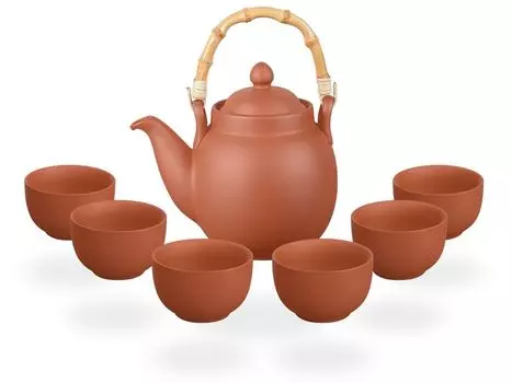 Чайный сервиз Тэнно/чайный сервиз/заварочный чайник глиняный с ситечком 1,1 л и 6 чашками по 130 мл, ручная работа tea & home e.U., бежевый