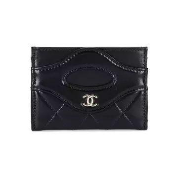 CHANEL Держатель для карт из блестящей телячьей кожи, унисекс, черный, в клетку