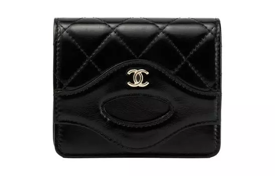 CHANEL Кошелек для монет и карт из блестящей телячьей кожи, черный, женский