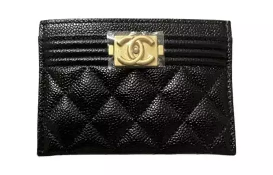 CHANEL Кошелек из телячьей кожи Litchi Grain, женский, черный, с держателем для карт