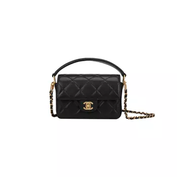 CHANEL Миниатюрная сумка через плечо из блестящей телячьей кожи 24 карата, черная