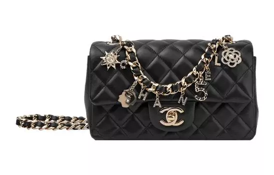 CHANEL Сумка-цепочка из овчины с клапаном, на одно плечо, мини, женская, черная, открытая