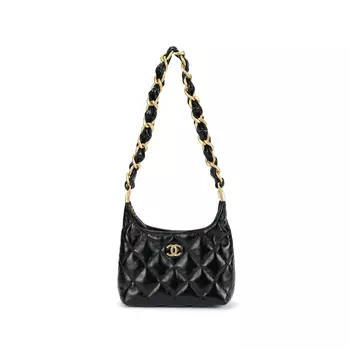 CHANEL Сумка-хобо из овчины, ручная сумка, сумка через плечо, женская, черная, Trumpets