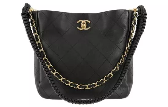 CHANEL Сумка из телячьей кожи с золотистым металлом, сумка через плечо среднего размера, женская, черная