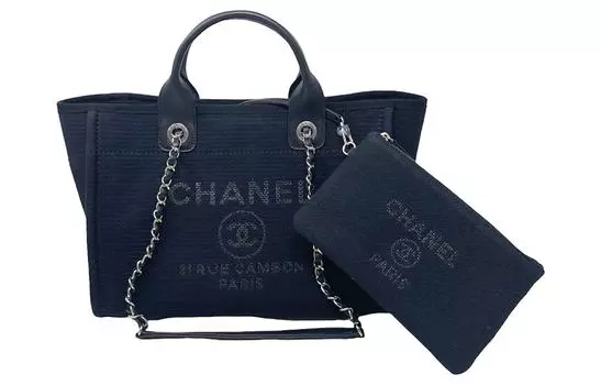 CHANEL Сумка-шоппер из холста, сумка-шоппер, сумка на одно плечо, маленькая женская, темно-синяя