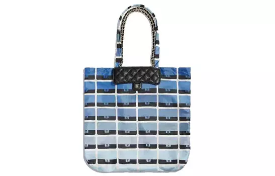 CHANEL Сумка-шоппер с цветочным принтом из телячьей кожи, сумка для покупок, сумка через плечо, женская синяя сумка