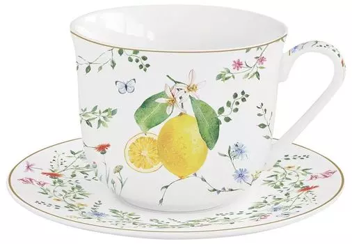 Чашка с блюдцем FLEURS ET CITRONS лимоны 370мл фарфор Easy Life