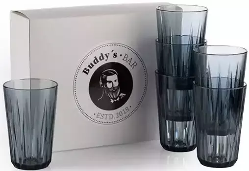 Чашки Buddy's "Buddy's Bar", (комплект, 6 шт.), набор 6 шт., пластик тритан, имитация хрустального стекла, многоразовые 7х9,5 см, 150мл, серый/темно-серый/черный