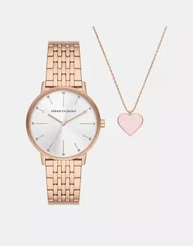 Часы Armani Exchange с тремя стрелками из нержавеющей стали оттенка розового золота и колье из нержавеющей стали оттенка розового золота, выполненное из розового золота