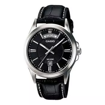 Часы CASIO ENTICER Series Leather Strap Quartz Men's Mens Black Analog, черный