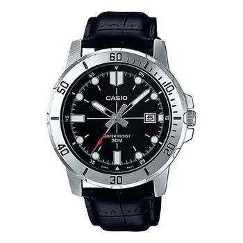 Часы CASIO Leather Band Waterproof Business Style Men Mens Black Analog, черный