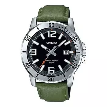 Часы CASIO Leather Band Waterproof Business Style Men Mens Green Analog, зеленый