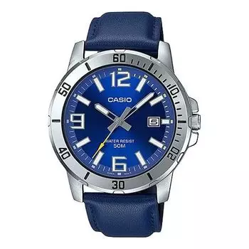 Часы CASIO Leather Band Waterproof Business Style Men Mens Blue Analog, синий