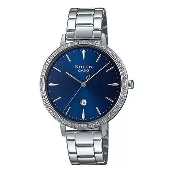 Часы CASIO Sapphire Crystal SHEEN Waterproof Stainless Steel Strap White/Blue Analog, синий