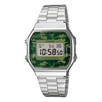Часы CASIO Square Retro Camouflage Dial Stainless Steel Strap Unisex Watch Analog, цвет silver