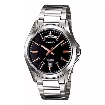 Часы CASIO Waterproof Stainless Steel Strap Quartz Mens Black Analog, черный