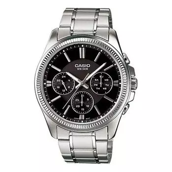Часы CASIO Waterproof Stainless Steel Strap Quartz Mens Black Analog, черный
