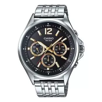 Часы CASIO Waterproof Stainless Steel Strap Unisex Black Dial Strap Mens Black Analog, черный