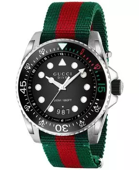 Часы Dive с зеленым и красным нейлоновым ремешком, 44 мм Gucci