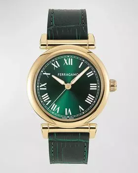 Часы Ferragamo Allure, 36 мм, с ремешком из телячьей кожи, зеленые, цвет Yellow Gold
