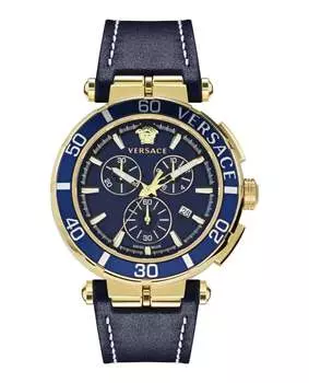 Часы Greca Chrono из кожи Versace, цвет blue/ip yellow gold/blue