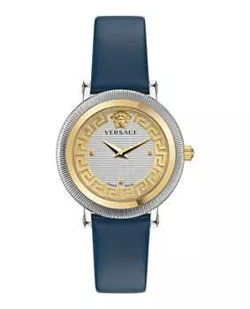 Часы Greca Flourish из кожи Versace, цвет blue/two tone/silver
