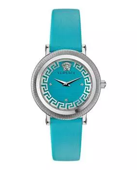 Часы Greca Flourish из кожи Versace, цвет blue/stainless steel/blue
