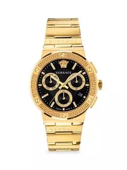Часы Greca Logo Chrono IP из желтого золота с хронографом и браслетом Versace, черный