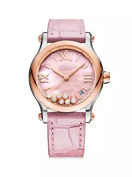 Часы Happy Sport из 18-каратного розового золота, нержавеющей стали, бриллиантов и ремешка из кожи аллигатора Chopard, розовый