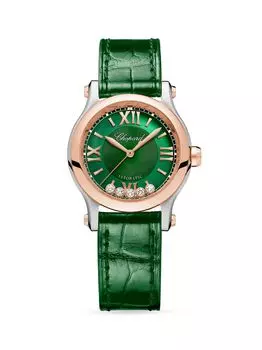 Часы Happy Sport из 18-каратного розового золота, нержавеющей стали, бриллиантов и ремешка из кожи аллигатора Chopard, зеленый