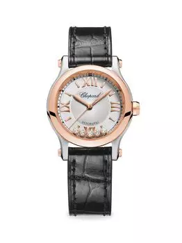 Часы Happy Sport из 18-каратного розового золота, нержавеющей стали, бриллиантов и ремешка из кожи аллигатора Chopard, золотой