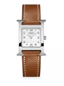 Часы Heure H 25 мм из нержавеющей стали и с кожаным ремешком HERMS, коричневый