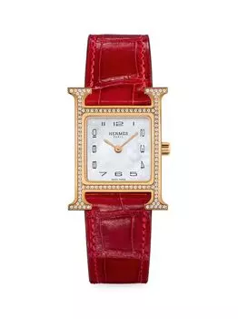 Часы Heure H 25MM из 18-каратного розового золота с бриллиантами и ремешком из кожи аллигатора HERMS, красный