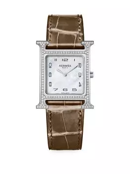 Часы Heure H 26MM с бриллиантами, нержавеющей сталью и ремешком из кожи аллигатора HERMS, коричневый