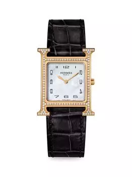 Часы Heure H 30MM из 18-каратного розового золота с бриллиантами и ремешком из кожи аллигатора HERMS, черный
