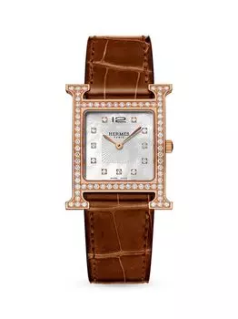 Часы Heure H Diamond 30 MM из розового золота 18 карат с ремешком из кожи аллигатора HERMS, золотой