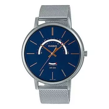 Часы Men's CASIO Dress Series waterproof quartz Watch 43mm Silver Stainless Steel Strap Mens Blue Analog, синий