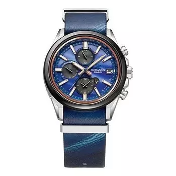 Часы Men's CASIO Quartz Watch Sapphire Leather Strap Blue Sapphire Crystal Mens, синий