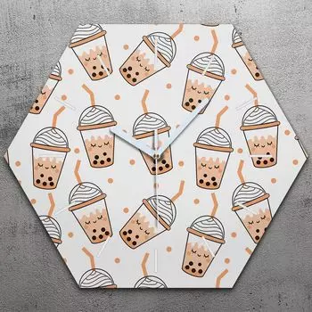 Часы шестигранные 40 см стекло бесшумные белые стрелки - пузырьковое молоко зеленый чай TastyPrints