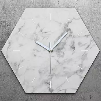 Часы шестигранные 40 см стекло бесшумные белые стрелки - белый мрамор TastyPrints, серый