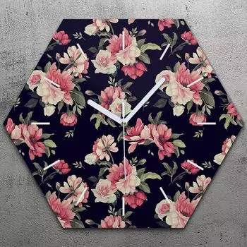 Часы шестигранные 40 см стекло бесшумные белые стрелки - цветочный узор с цветами TastyPrints, белый